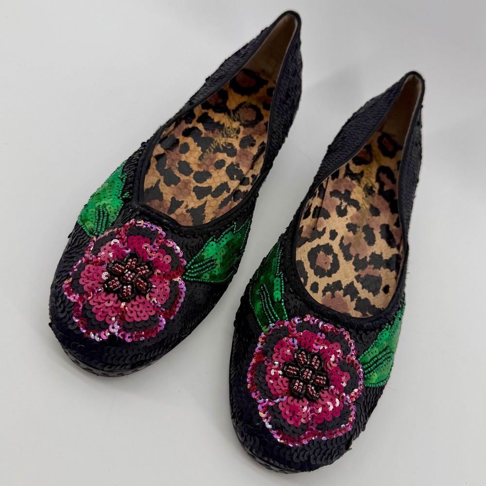 Beverly Feldman Womens 9.5 Black Sequin Beaded Floral Flats Leopard LiningShoes